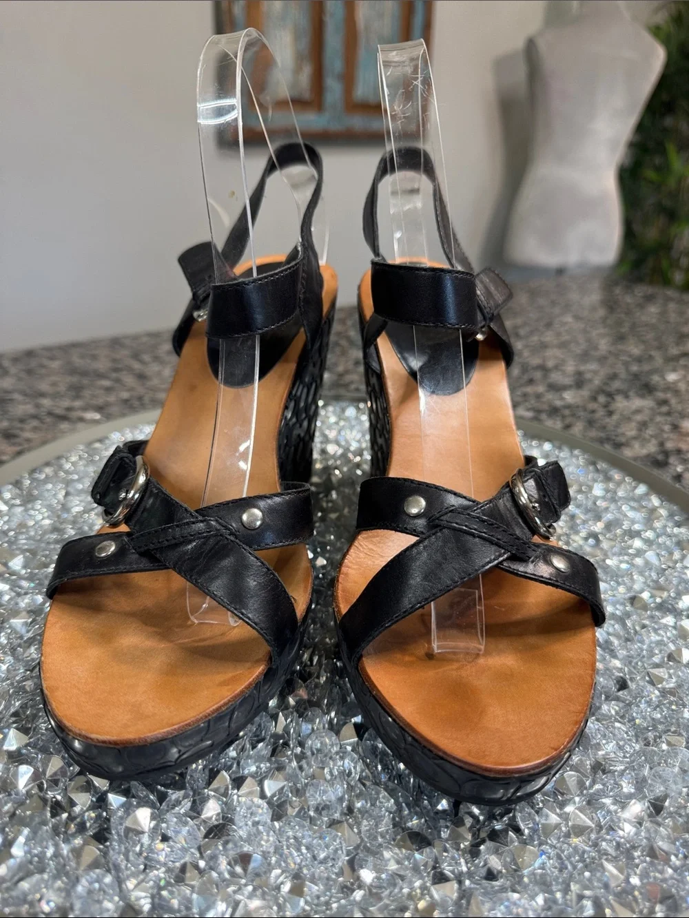 Coach Elize leather Black Logo-Embossed Wedge Sandals with Buckle Detail